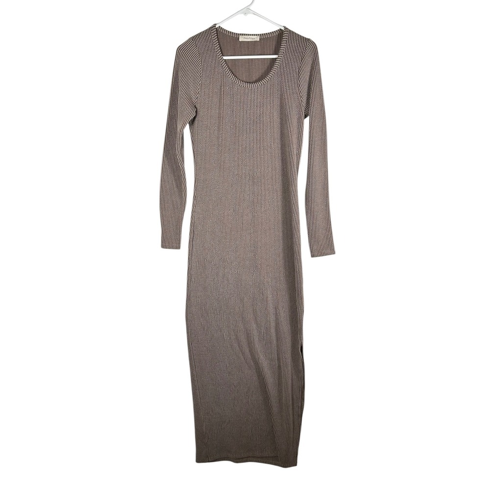 Rhea & Thea Womens Striped Ribbed Maxi Dress Long Sleeve Side Slit Taupe S